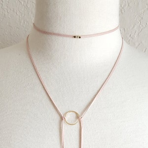 Pink Suede Boho Choker Necklace, Gold Circle Choker Necklace,Wrap Choker,Gold Choker,Suede Choker Necklace,Charm Choker,Layered Suede Choker