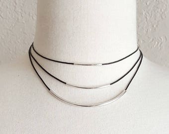 Layered Silver Curved Bar Choker: Black Cord Necklace