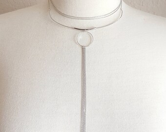 Layered Silver Chain Choker: Circle Drop, Geo Design