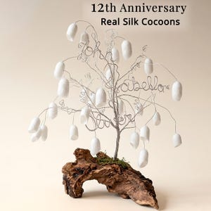 May include: A handcrafted wire tree sculpture with white silk cocoons, mounted on a piece of driftwood. The words "John" and "Isabella" are written in wire on the branches. The text at the top reads "12th Anniversary Real Silk Cocoons."