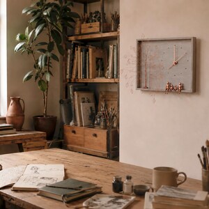 Puede incluir: Un reloj de pared rectangular con esfera gris efecto hormig&oacute;n, manecillas color cobre y una ilustraci&oacute;n de &aacute;rbol cobriza a la izquierda. Cuatro peque&ntilde;as figuras color cobre est&aacute;n sentadas en el borde inferior del marco de madera.