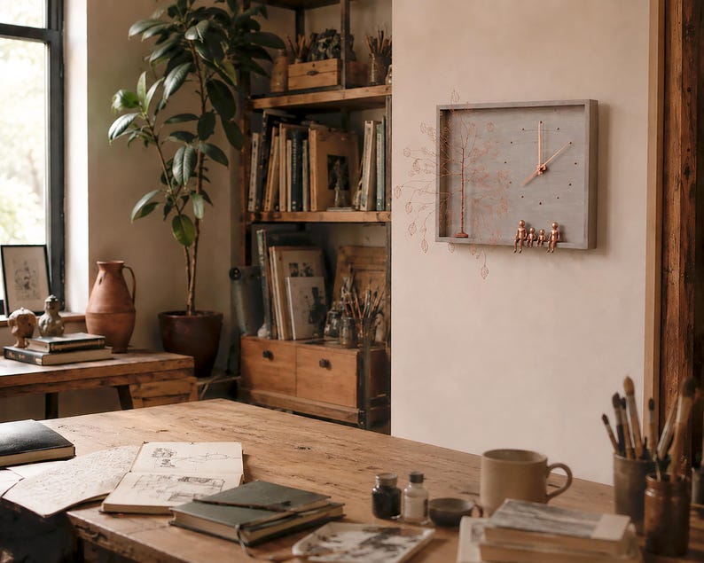 Puede incluir: Un reloj de pared rectangular con esfera gris efecto hormig&oacute;n, manecillas color cobre y una ilustraci&oacute;n de &aacute;rbol cobriza a la izquierda. Cuatro peque&ntilde;as figuras color cobre est&aacute;n sentadas en el borde inferior del marco de madera.