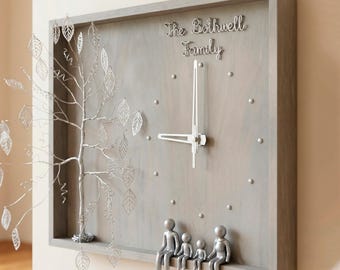 May include: A square, gray wooden wall clock with a silver metal tree and leaf design on the left side. The clock face has the words "The Bothwell Family" and silver dots for the numbers. At the bottom, there are silver figures of a family.