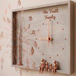 May include: A gray wooden wall clock with a copper-colored tree and family figures. The clock face has copper-colored hands and hour markers. The words "The Fuell Family" are written in copper-colored script above the clock face.