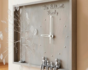 May include: A square, gray wooden wall clock with a silver metal tree and leaf design on the left side. The clock face has the words "The Bothwell Family" and silver dots for the numbers. Below the clock face are silver figures of a family.