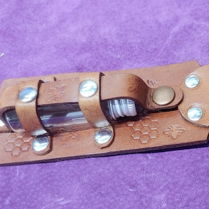 potion bottle holder with honey bee motif genuine leather