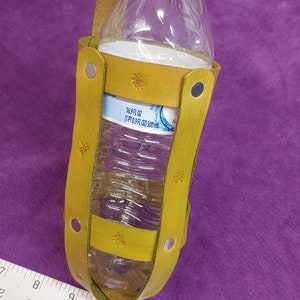 Genuine leather hand made water bottle holder with garden insect motif