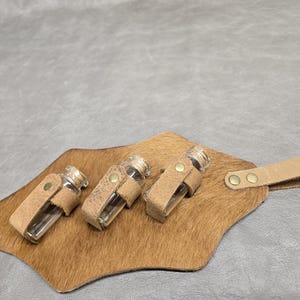 Triple potion bottle holder, genuine brown hair on leather