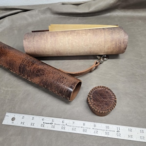Genuine leather scroll/document holder in brown
