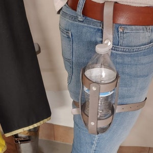 Genuine leather hand made water bottle holder with leg strap in silver color