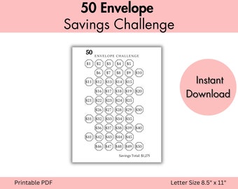 Savings Tracker 50 Envelope Challenge, Printable Goal, Save 1,275 Budget Tracker, Dave Ramsey, Savings Planner
