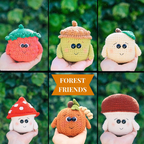 6 CROCHET PATTERNS: Crochet Pumpkin, Crochet Mushroom, Crochet Acorn, Crochet Apple, Crochet Fly Agaric, Crochet Raspberry