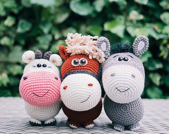 3 Crochet Patterns: Daisy the Cow, Scotty the Pony, Donny the Donkey, Crochet Pattern, Amigurumi Pattern