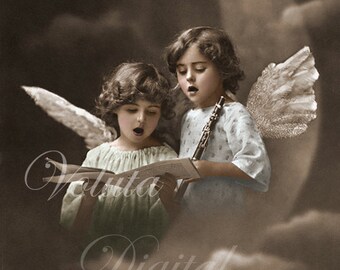 Cute little Angels singing. Digital download  -  Edwardian Vintage Postcard.