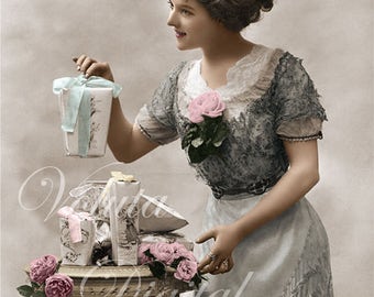 Lovely lady with birthday presents. Digital download  -  Edwardian Vintage Postcard.