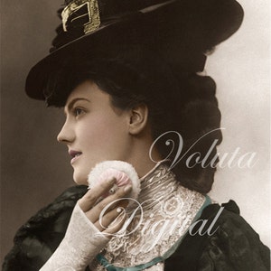 Elegant actress Dematha with powder puff. Digital download  -  Edwardian Vintage Postcard.