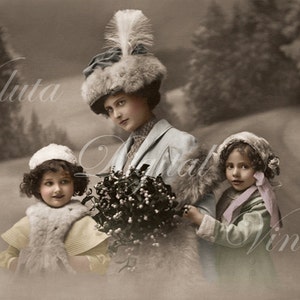 Mother and Daughters with Mistletoe. Digital download  -  Edwardian Vintage Postcard.