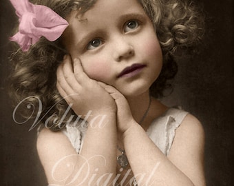 Adorable girl daydreaming. Digital download  -  Edwardian Vintage Postcard.