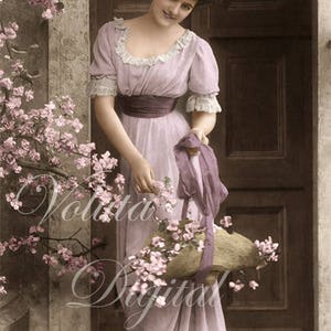 Lovely woman picking blossom flowers. Digital download  -  Edwardian Vintage Postcard.