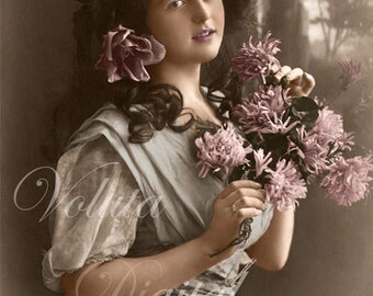 Lovely lady with flowers. Digital download  -  Edwardian Vintage Postcard.