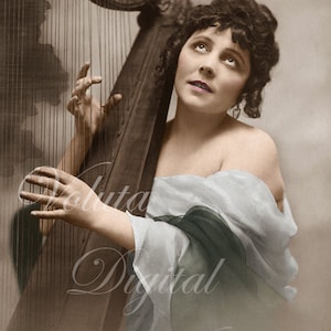 Piękna kobieta grająca na harfie. Pobieranie cyfrowe - edwardiańska pocztówka vintage.