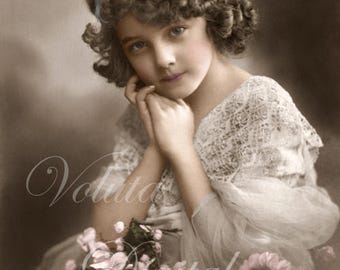 Grete Reinwald with blossom flowers. Digital download  -  Edwardian Vintage Postcard.