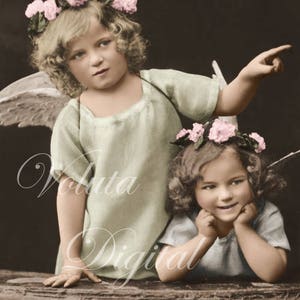 Deux mignons petits anges. Téléchargement numérique - Carte postale vintage édouardienne.