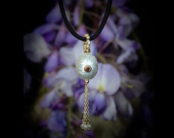 Hand carved White  South Sea Pearl  tassel 14k yellow gold pendant with red, white diamonds, small white freashwster pearls.