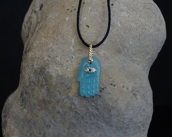 Carved  Blue Garut  Chalcedony Hamsa Hand 14k yellow gold charm blue, white diamonds.