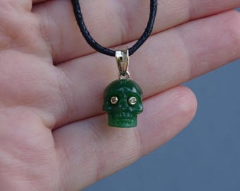 Carved  Green   Chalcedony Human skull  14k yellow gold  charm , brown  diamond  eyes .