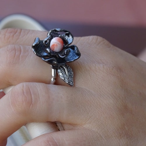 Black Rhodium Plated silver flower ring with genuine angel skin coral , Cocktail ring newest