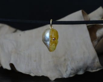 Carved Mother-of-Pearl Skull Pendant: South Sea Pearl, 14k Gold, Diamond Eye