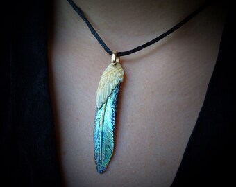 Carved Paua  Abalone and Apricot color Trumpet  shell 14k gold Feather  pendant.