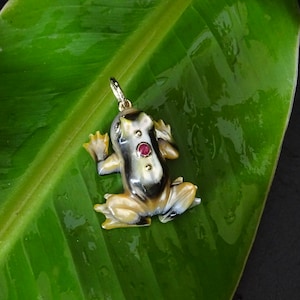 May include: A gold pendant featuring a detailed frog sculpture with black, white, and brown shell accents. The frog has a red gemstone on its back.