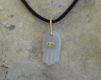 Carved  white Chalcedony Hamsa Hand 14k yellow gold  charm with genuine yellow Sapphire