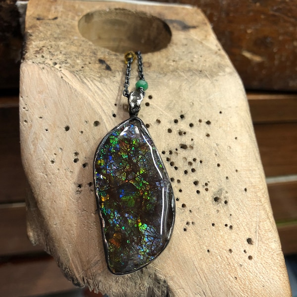 Canadian  Ammolite Ammonite 925 silver pendant , 925 silver chain with  gemstone beads .