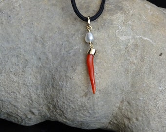 Natural red Mediterranean coral horn  14k yellow gold charm , white South sea keshi  pearl.