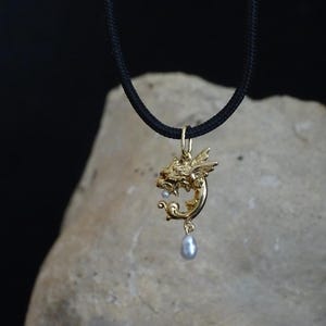 18k Gold Winged Lion Charm, Ruby Eye, Keshi Pearl Pendant