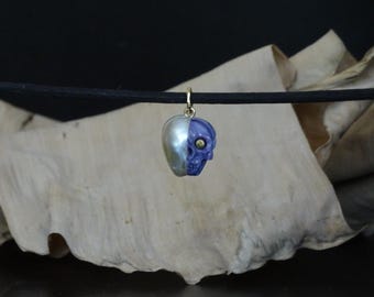 South Sea Pearl Skull Pendant: Carved Purple Clam Shell, 14k Gold, Diamond Eye