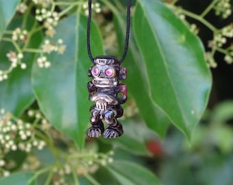 Hand Carved Mother of Pearl Tiki Pendant: 14k Gold, Ruby Eyes