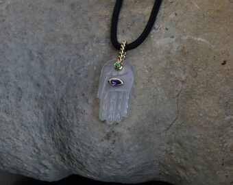 Carved Chalcedony Hamsa Hand 14k Gold Charm: Amethyst, Tsavorite Garnet