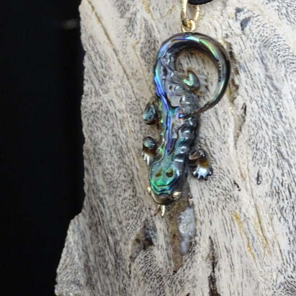 Carved multicolor  Mother-of-pearl  , Abalone Shell Salamander 14k yellow gold  pendant , diamond  eyes .