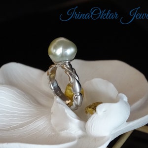 Champagne South Sea Baroque perle argent sterling bague faite à la main.