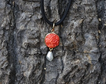 Small 14k gold Carved genuine coral cameo pendant   with white South sea  keshi pearl .