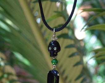 Carved Black Buffalo Horn Skull & Tooth  14 k gold Pendant