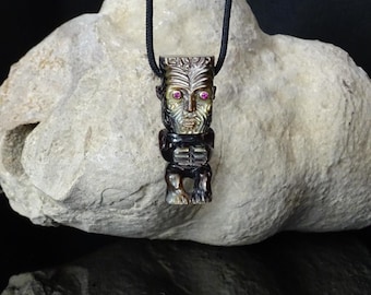 Hand Carved Mother of Pearl Tiki Pendant: 14k Gold, Ruby Eyes