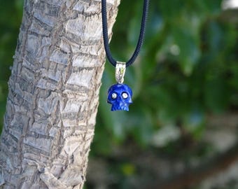Carved Lapis Lazuli skull pendant, 14k solid gold, diamond eyes .