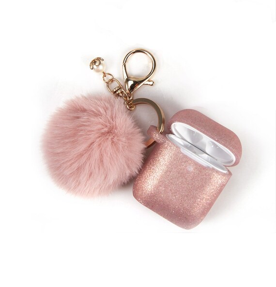 Pink Airpods Case with Cute Fur Ball Keychain Protective Case Cover Silicone Skin for Apple Airpods 2 /& 1 with Pom Pom