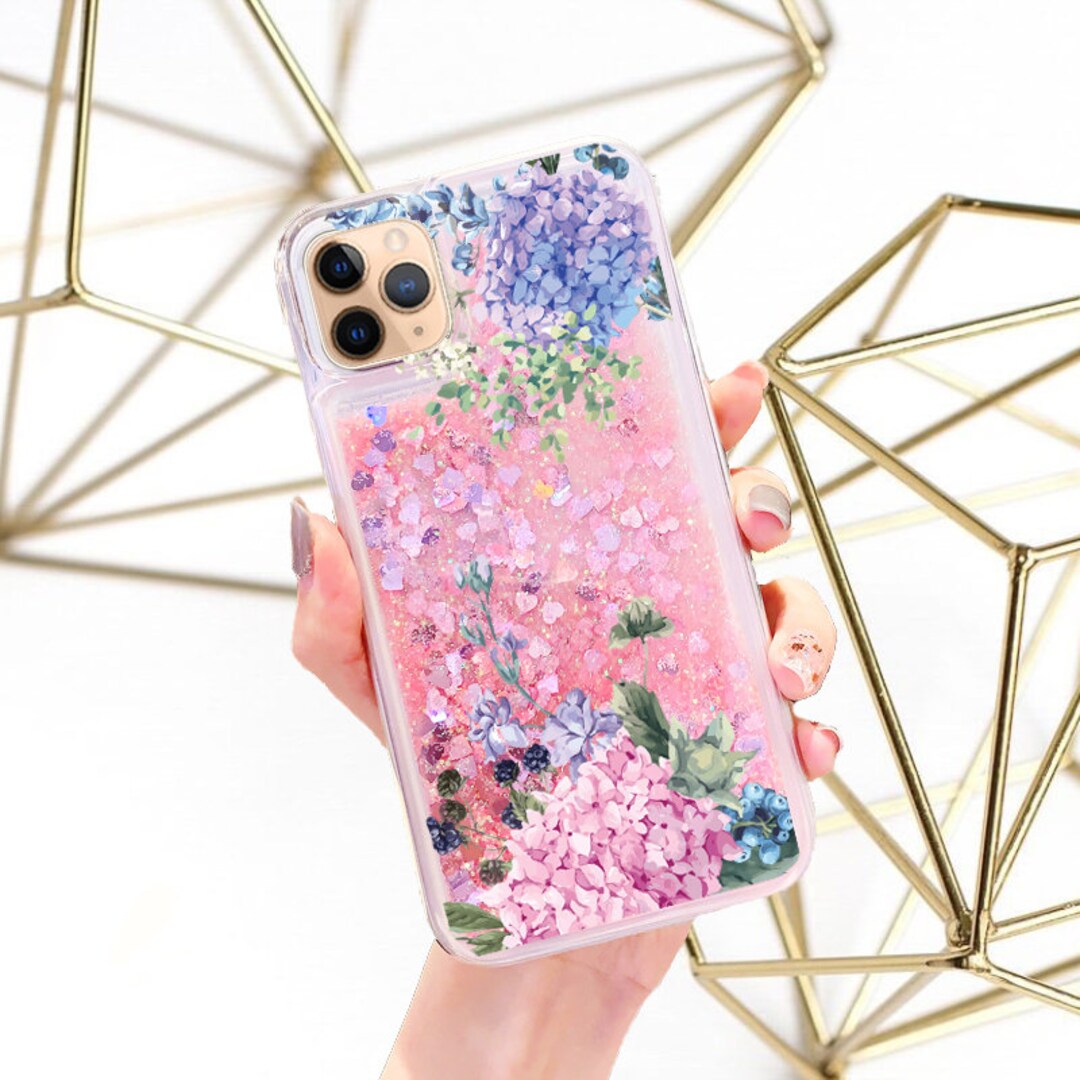 iPhone 12 iPhone 12 Pro 6.1 Pink Glitter Waterfall Liquid Floating Hearts  Case