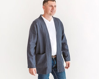 Kimono jacket for men, oversize linen jacket, loose style jacket long sleeves large pockets, fall clothes, lounge wear, linen clothing men